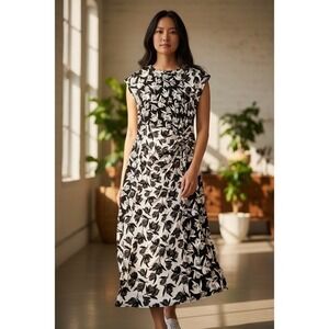 Joie Floral Zuzanna Midi Dress Black White Side Knot Sleeveless High Neck Small‎